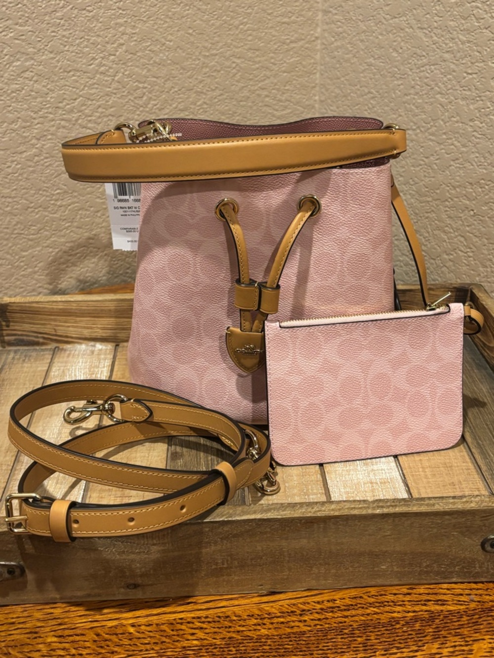 NWT Coach Rowan Bucket Bag in Signature Canvas | Gold/Powder Pink CEA23